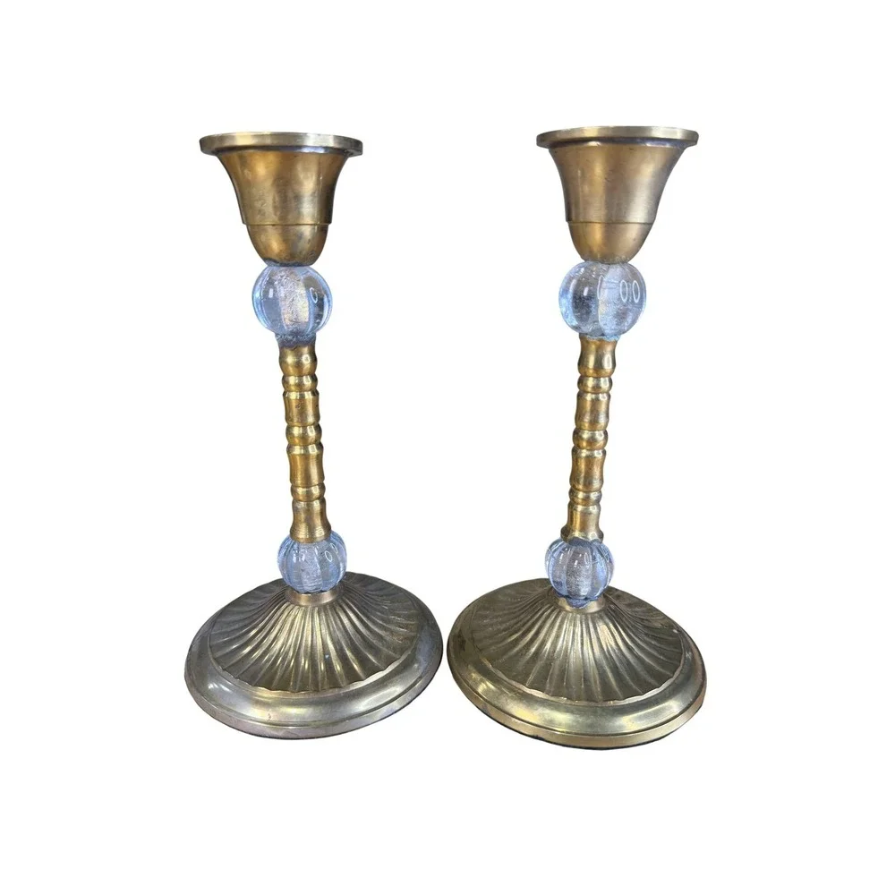 Gold Metal Glass Cobalt Candlestick Holders Set 2 Traditional Taper Home Decor